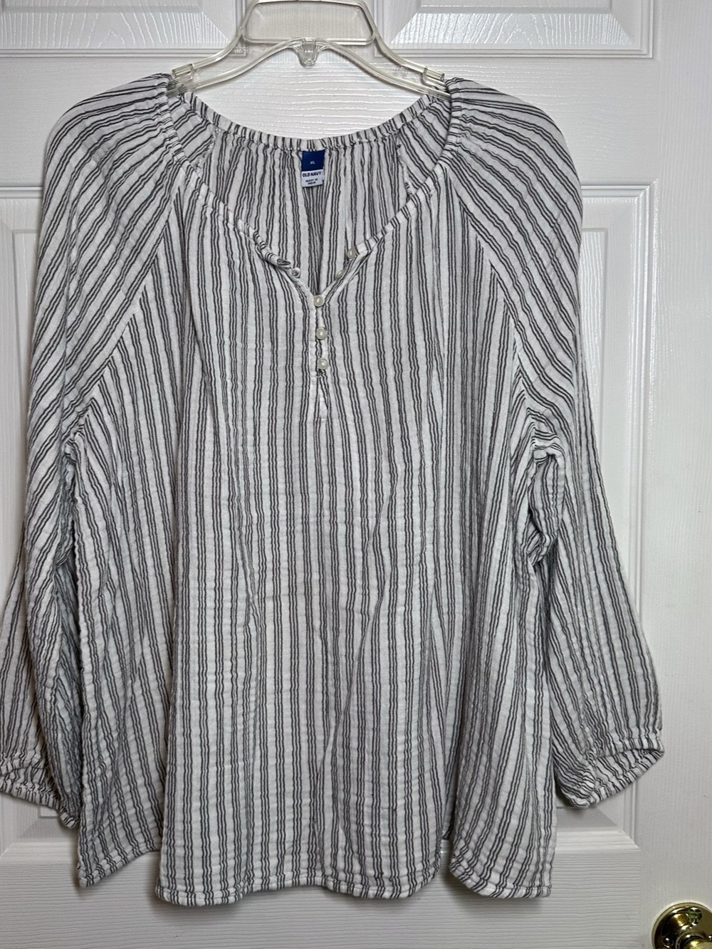 Old Navy Double Gauze Blouse Womens XL White Gray 100% Cotton Peasant Boho